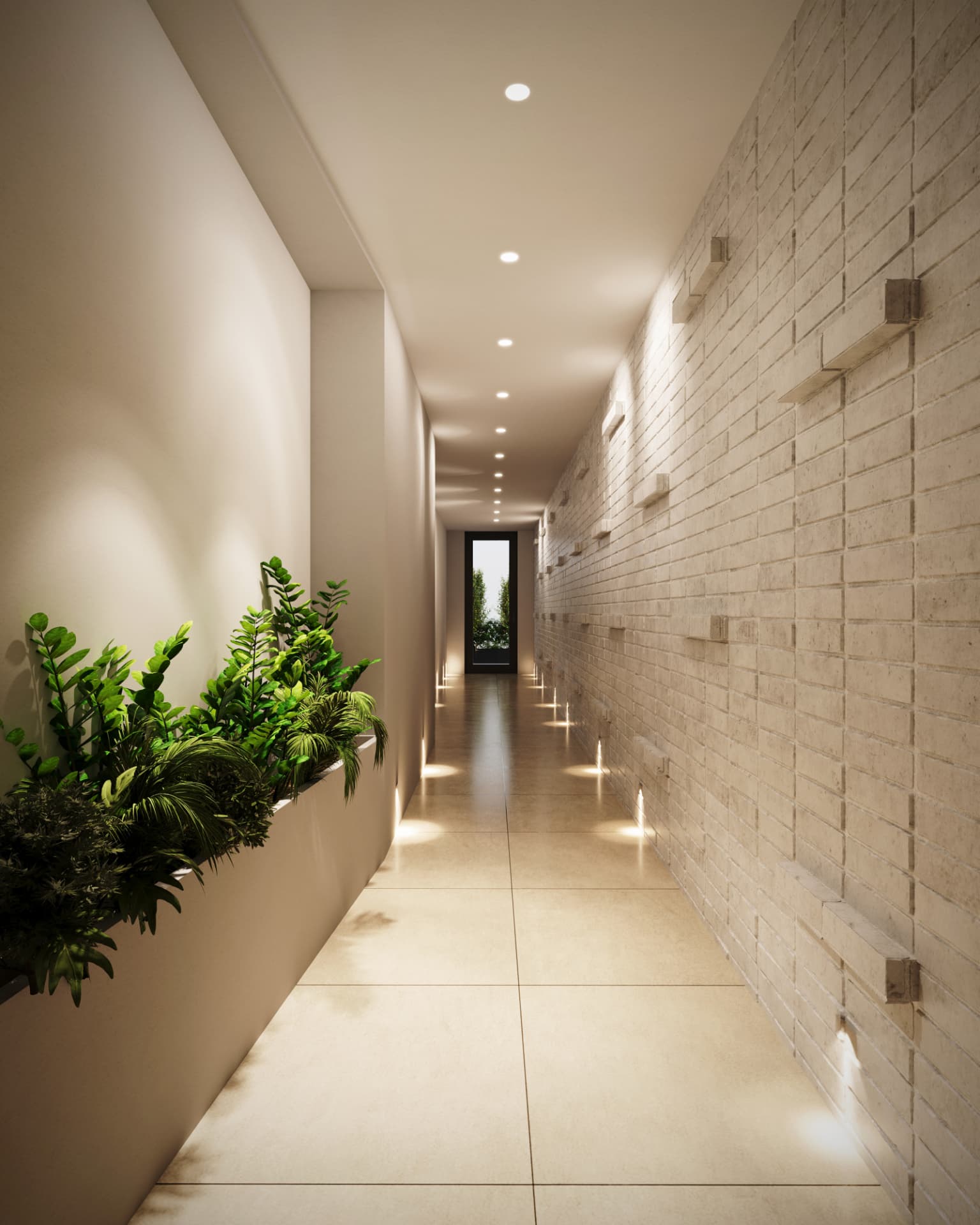 Lobby corridor at 265 Weirfield Street, Bushwick, with a travertine relief wall and planted entry