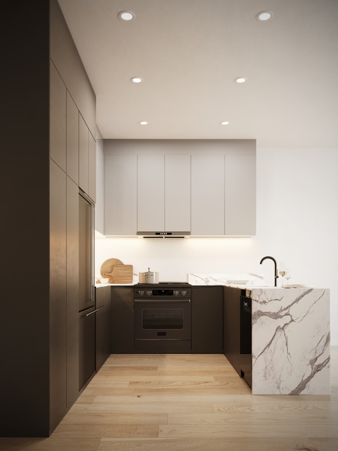 Kitchen with Statuario marble waterfall island and integrated appliances at 265 Weirfield Street, Bushwick