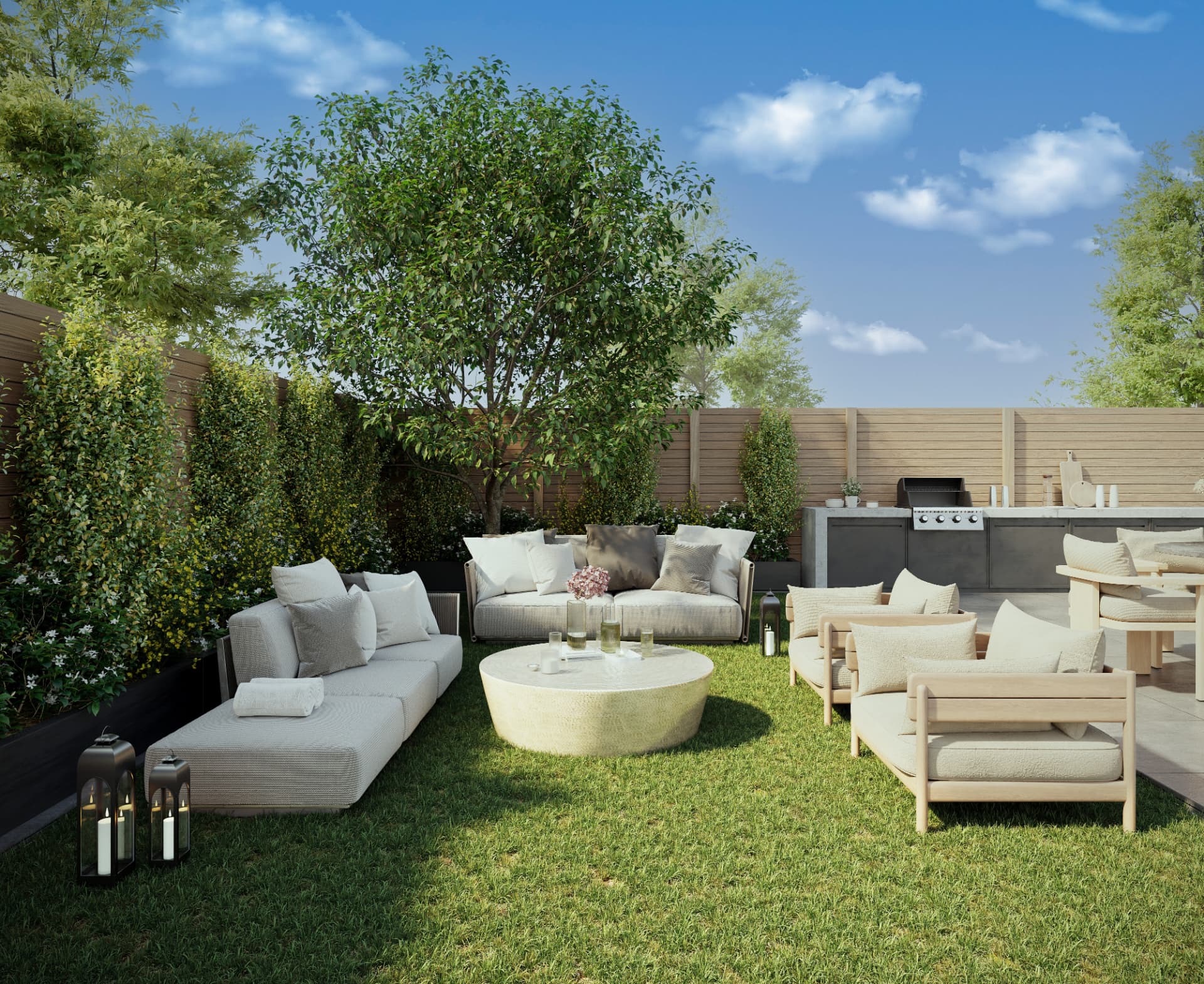 Landscaped private backyard with lawn, grill, and dining terrace at 265 Weirfield Street, Bushwick